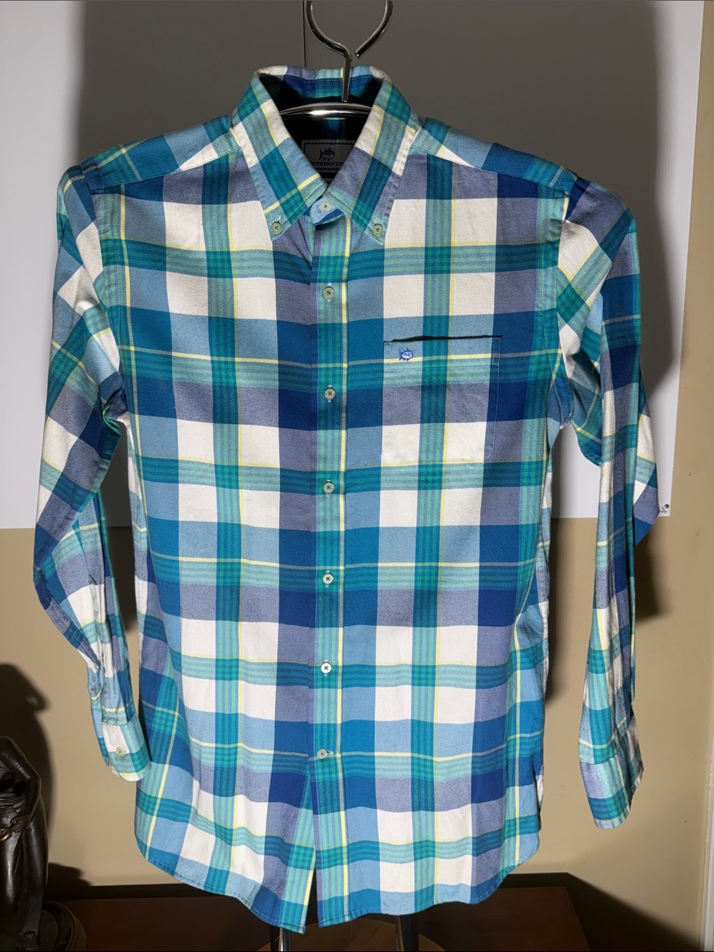 Southern Tide Teal, Blue & White Plaid Button-Down Shirt